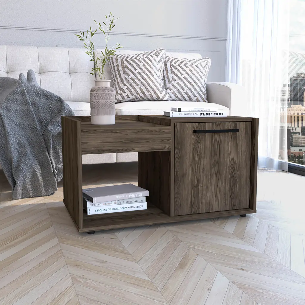 Lyon Coffee Table Single Door Cabinet One Open Shelf Dark Walnut Brown rta mubles colombia
