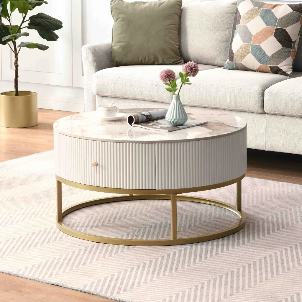 31.5 Inch Modern Round Coffee Table Drawers Marble Top s-e furniture