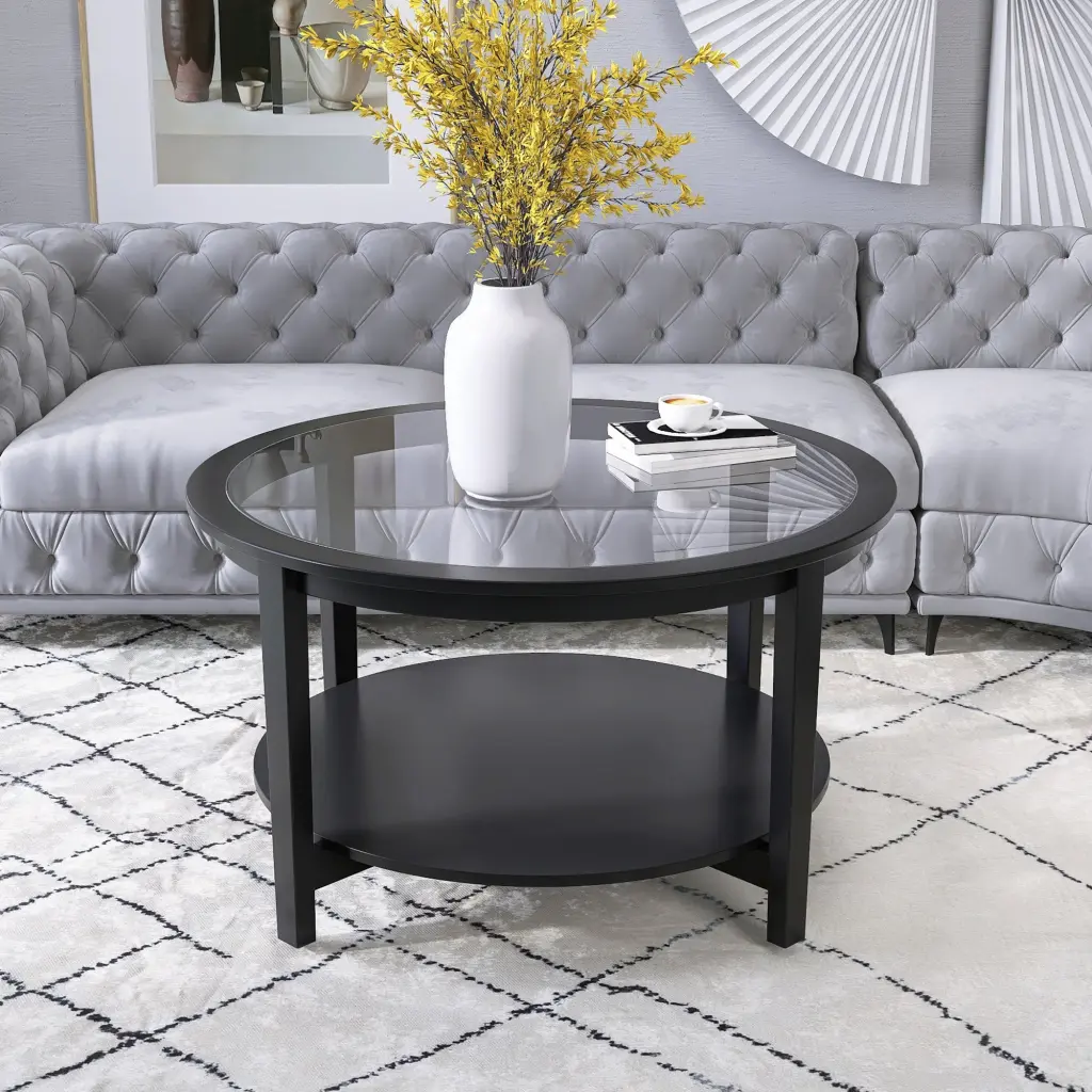 Round Crystal Top Solid Timber Storage Coffee Table Black Glass senge
