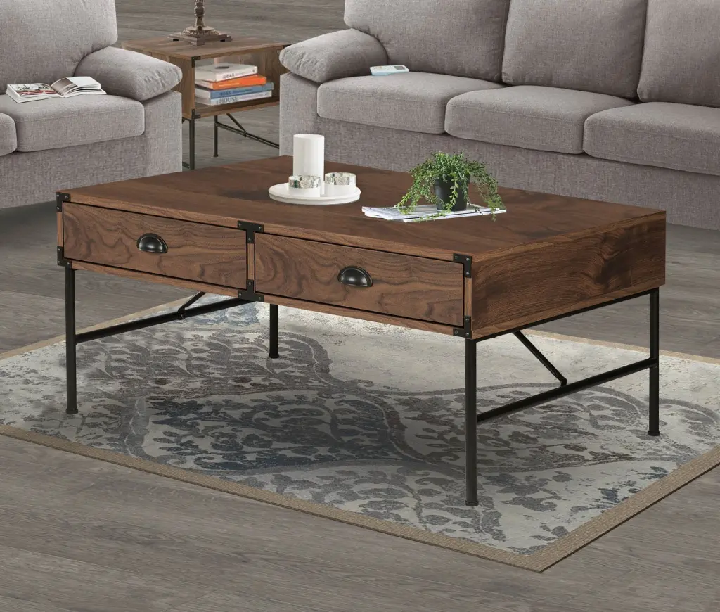 Stylish Walnut Coffee Table Drawers And Polished Metallic Frame singularity