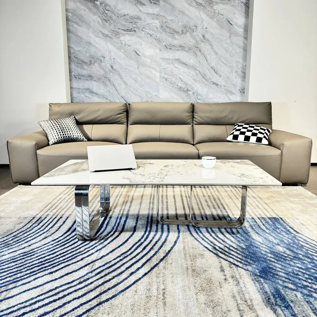 Rectangular Coffee Table Sintered Marble Top and Shiny Metal Frame t2949