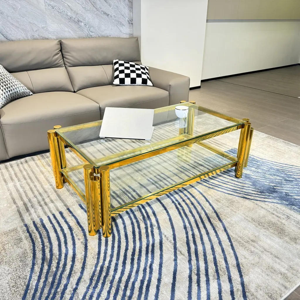 Stainless Alloy Metal Double Layer Clear Tempered Crystal Coffee Table t2949