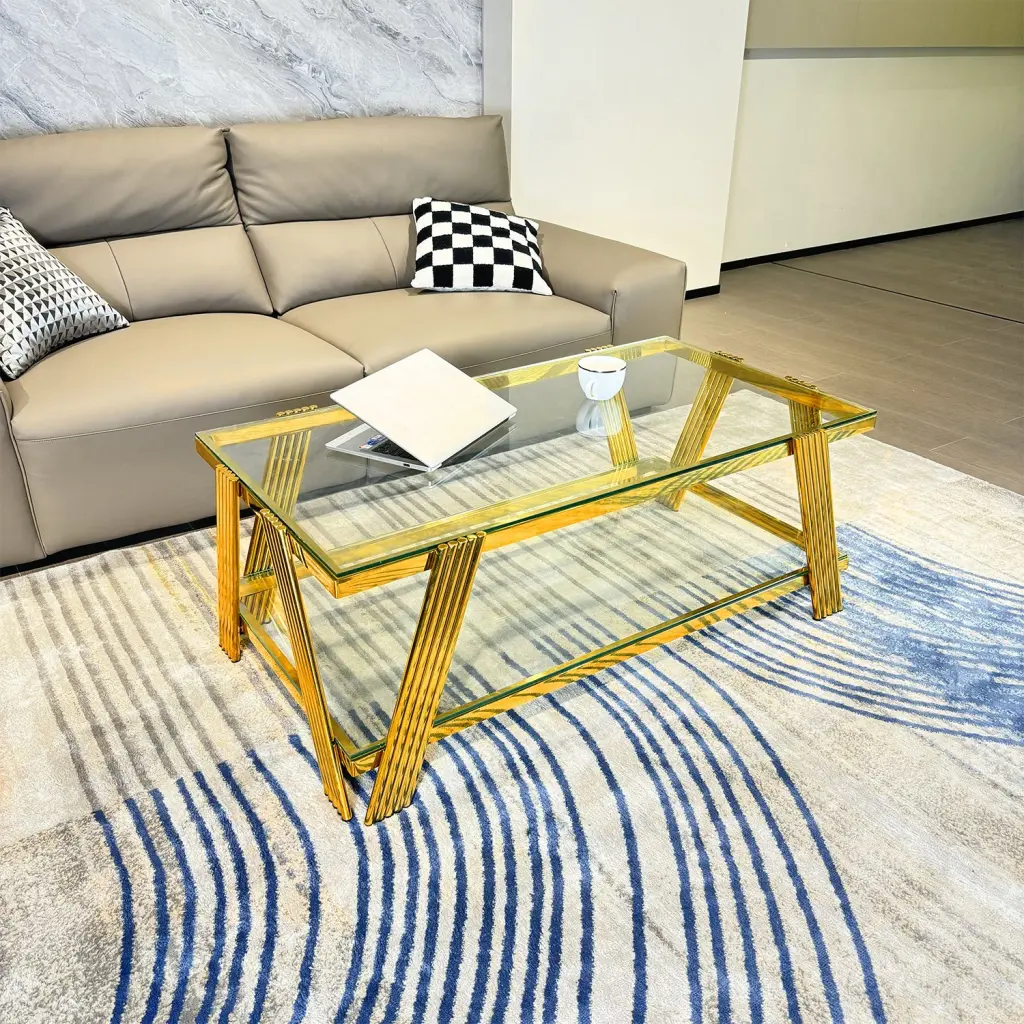 Stainless Alloy Metal Double Layer Clear Tempered Crystal Coffee Table t2949