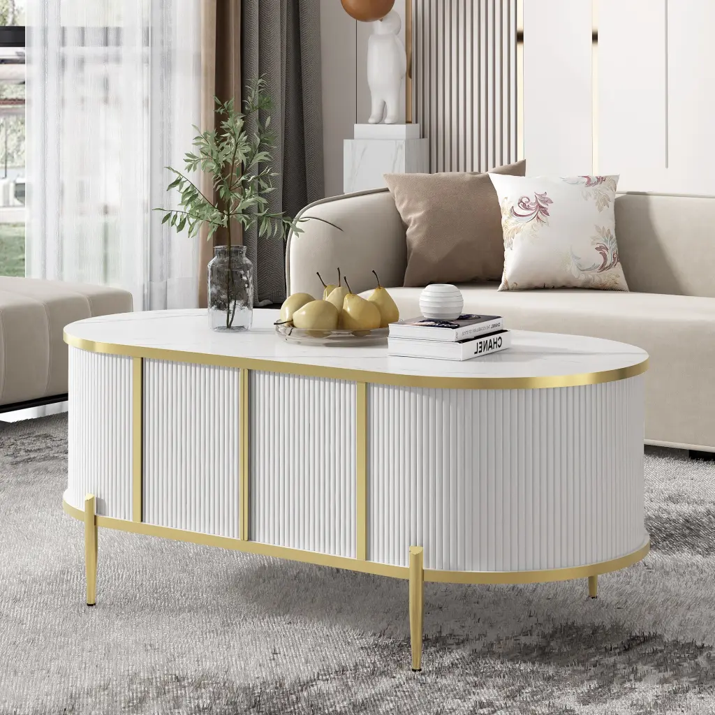 Modern Premium Oval Fluted Coffee Table Marble Patterned Top - Luxury Living Room Furniture u-can