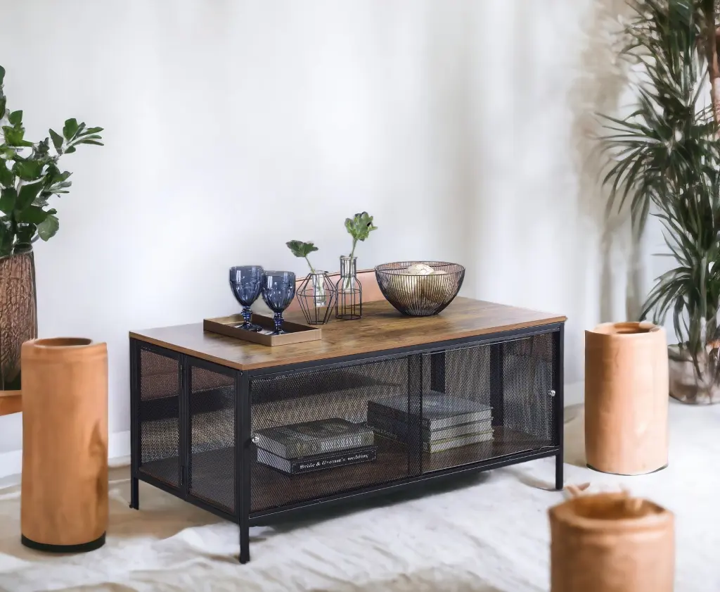 Winam Antique Oak & Black Finish Coffee Table Metal Synthetic Wood Living Room Furniture urban nest