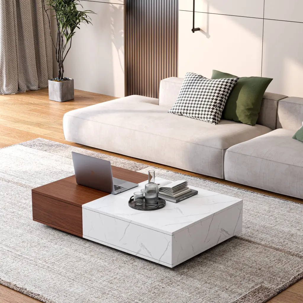 Modern Style Walnut Coffee Table Two Storage Spaces and Walnut Brown Finish zr furniture