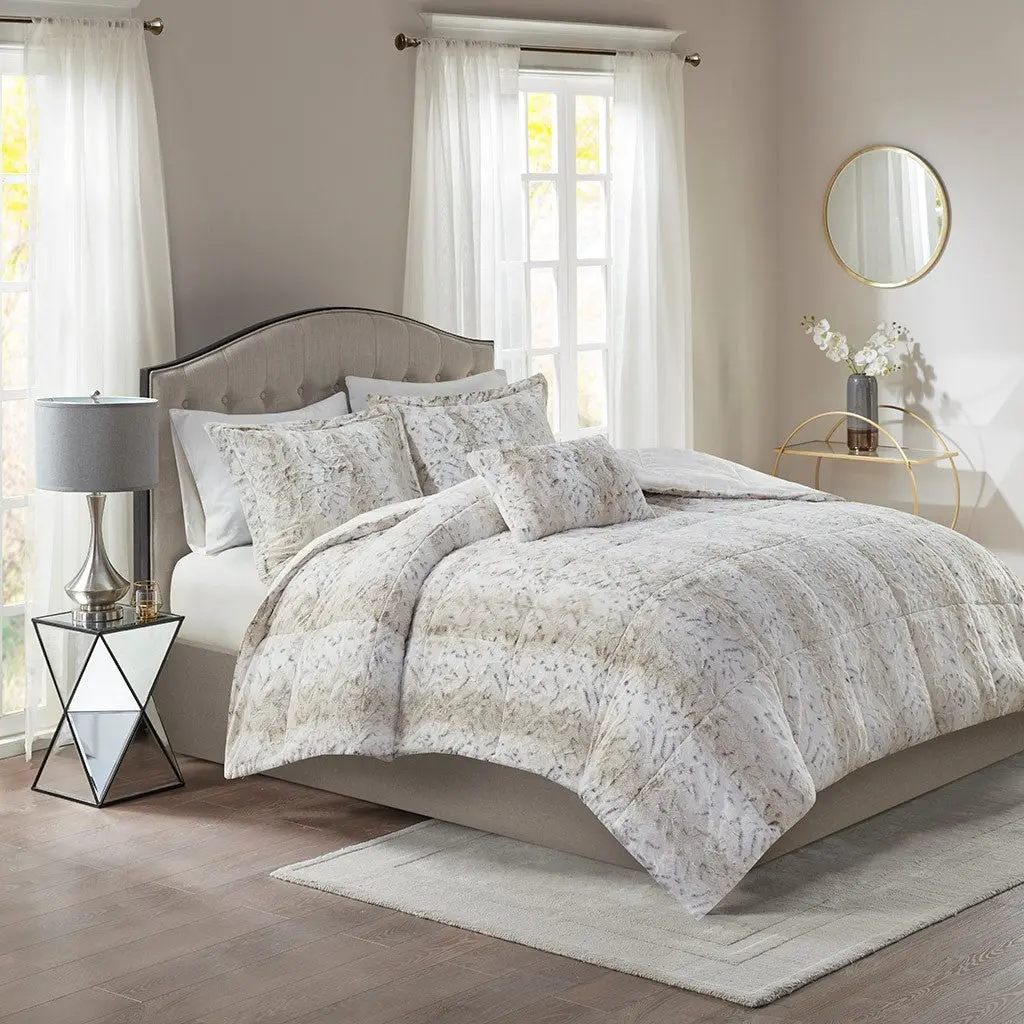 4Pc Faux Fur Comforter Set Queen Size Brown Beige Polyester Bedding jla
