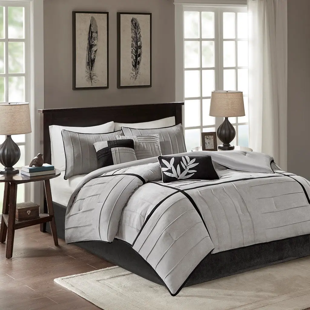 7-Piece Grey Faux Suede Comforter Set King Size Beds jla
