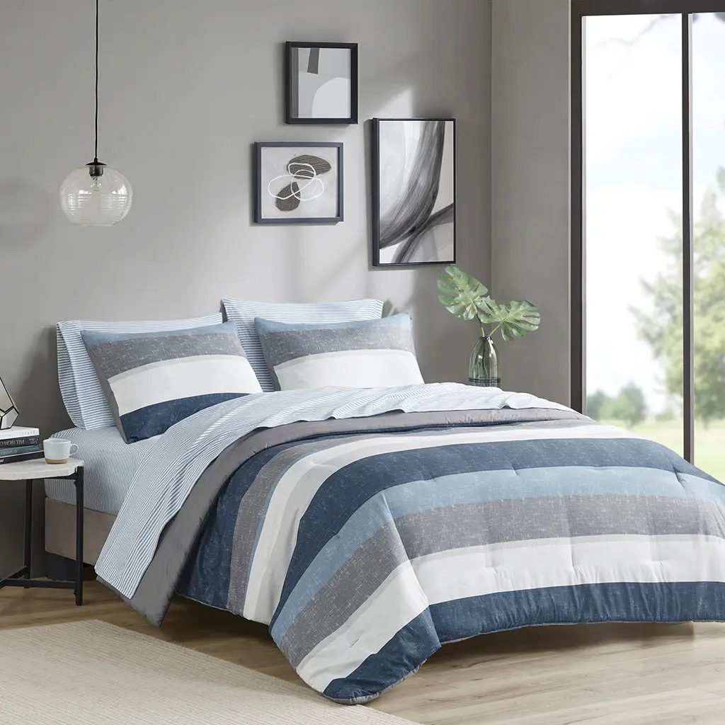 Comforter Set Bed Sheets Blue Grey Polyester Bedding Collection jla