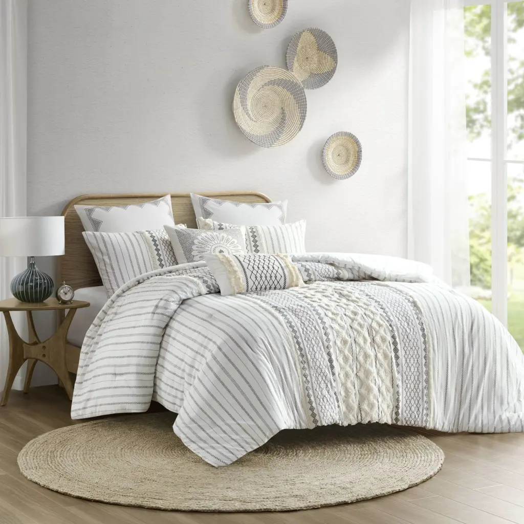 Cotton Printed Comforter Set Chenille Ivory Full Queen Size Bedding jla