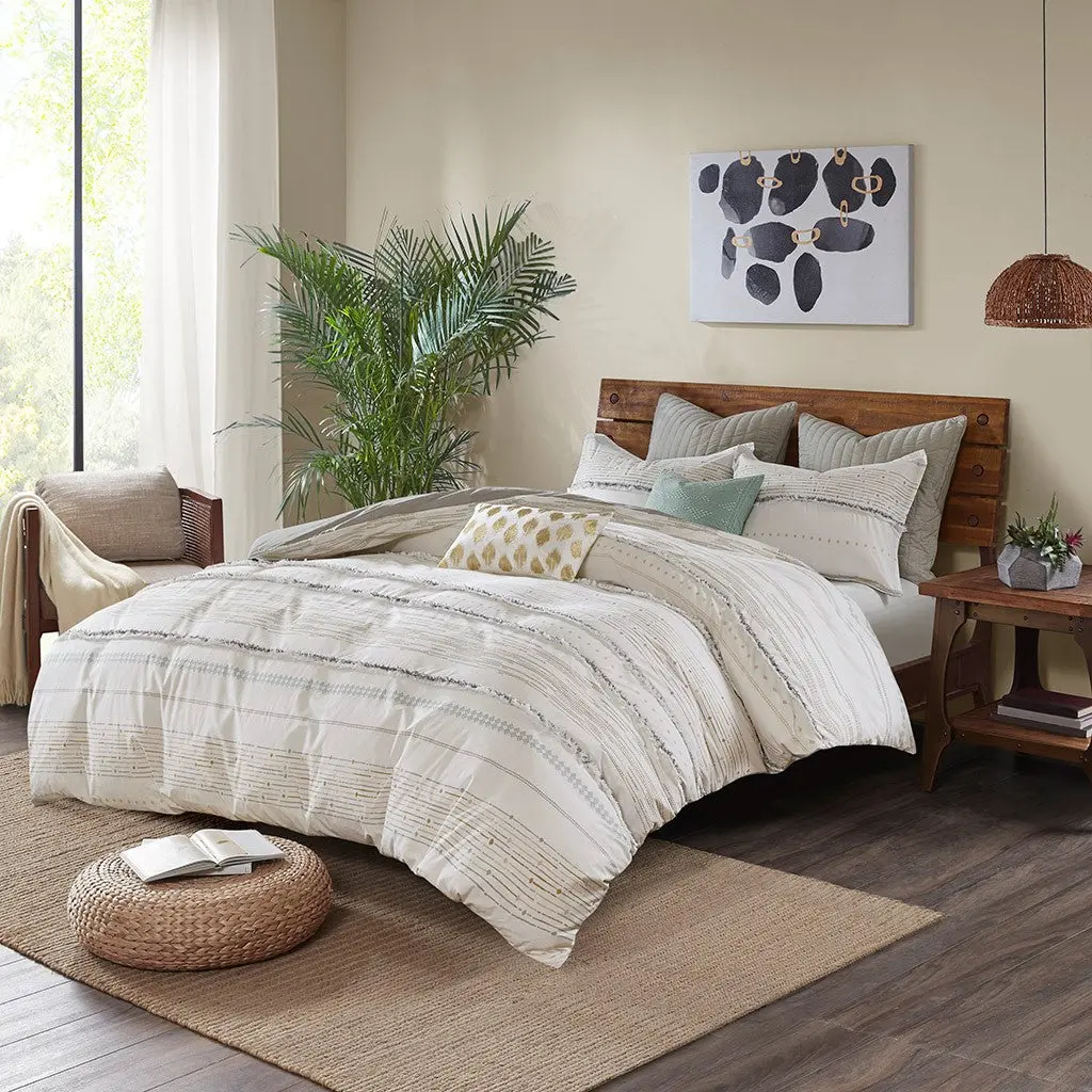 Cotton Printed Comforter Set Trims Off White Gray Full Queen Size jla
