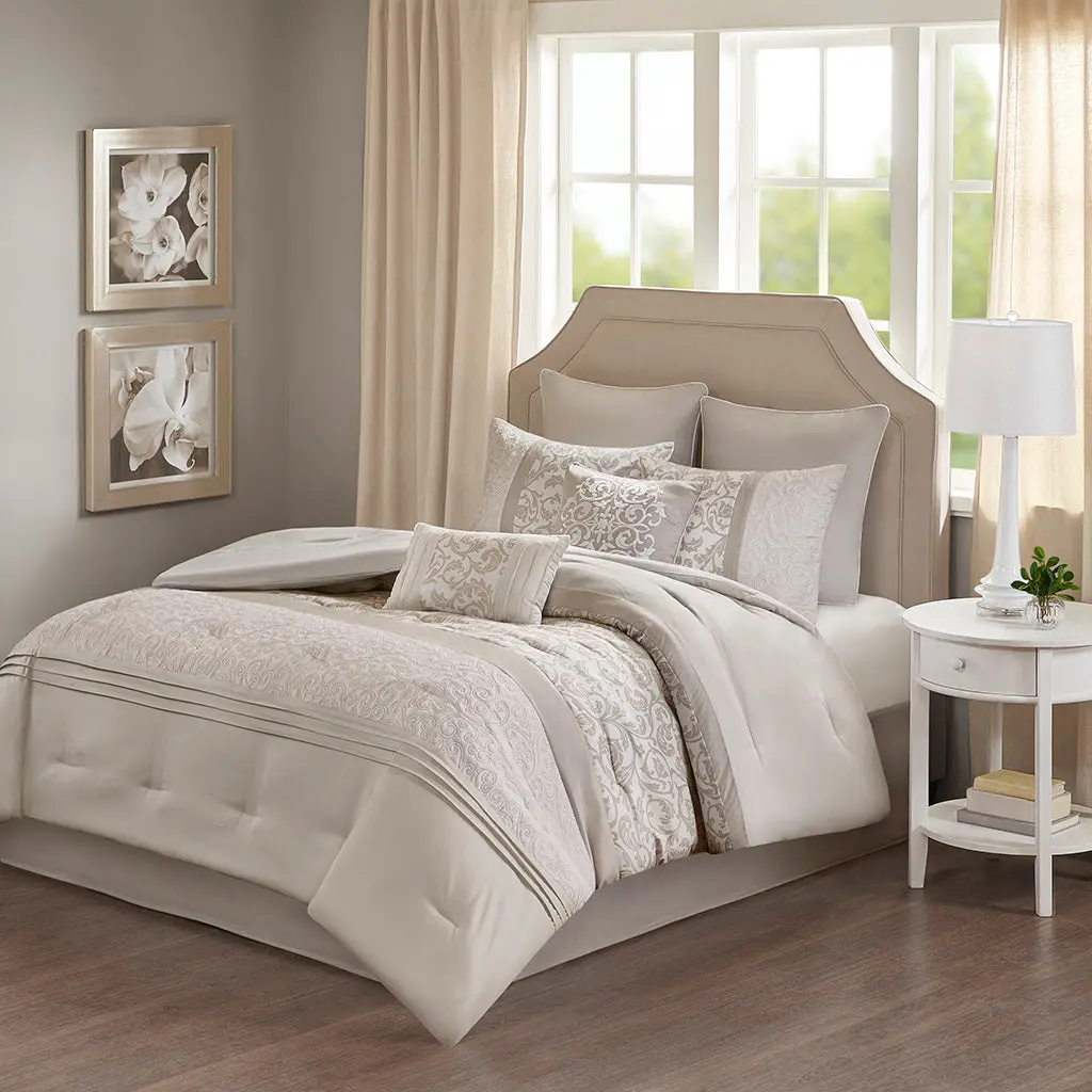 Embroidered 8 Piece Comforter Set Neutral Polyester Bedding Collection jla