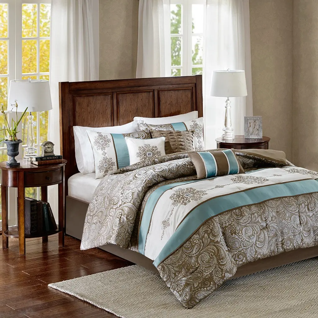 Jacquard 7 Piece Easeer Set Blue Queen Size Polyester Bedding jla