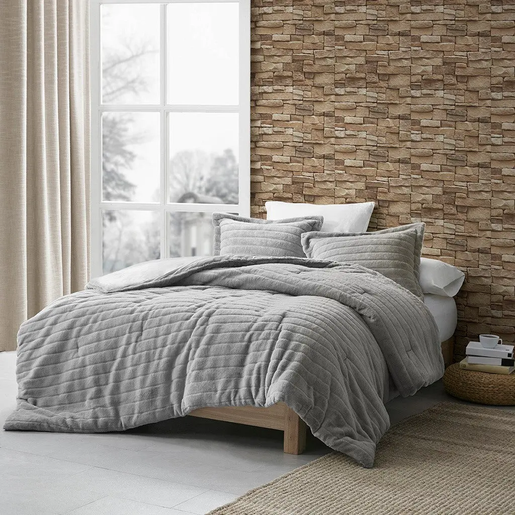 King Size Grey Faux Fur Comforter Set Polyester Bedding jla
