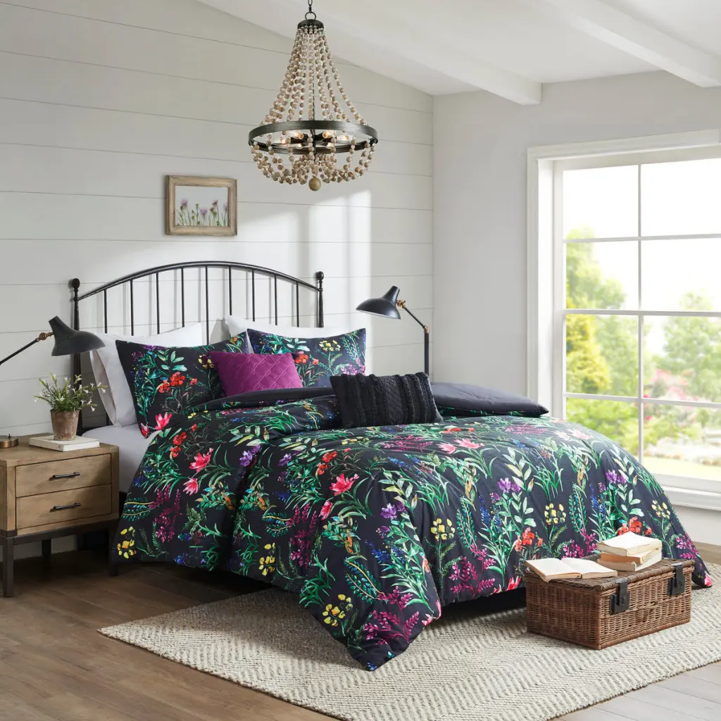 5 Piece Comforter Set Black King Cal King Size Polyester Bedding jla