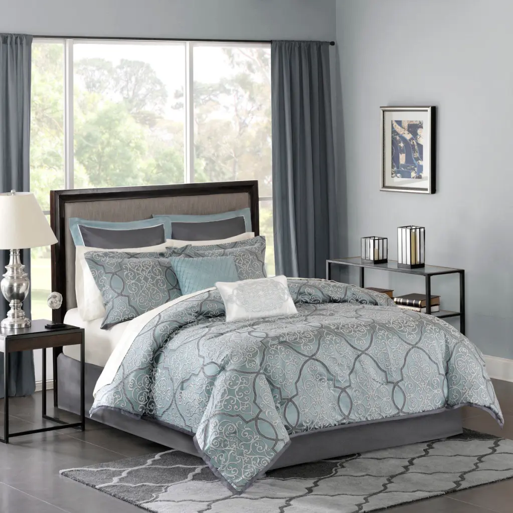 12 Piece Comforter Set Cotton Bed Sheets Blue King Size jla