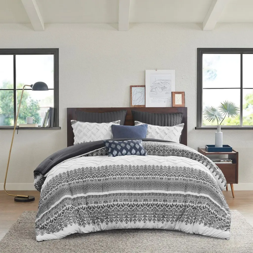 3 Piece Cotton Comforter Set Chenille Tufting Gray Full Queen jla