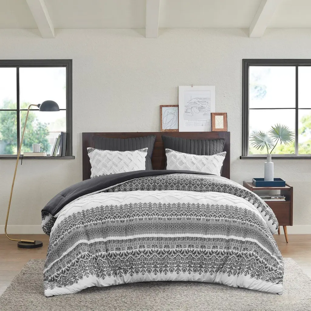 3 Piece Cotton Comforter Set Chenille Tufting Gray King Cal King jla
