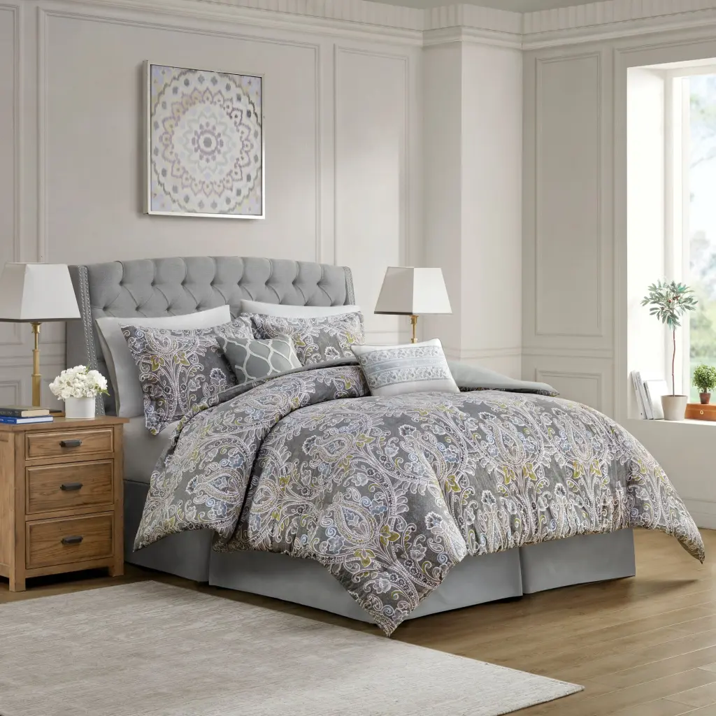 6 Piece Cotton Comforter Set Grey King Size Soft and Breathable jla