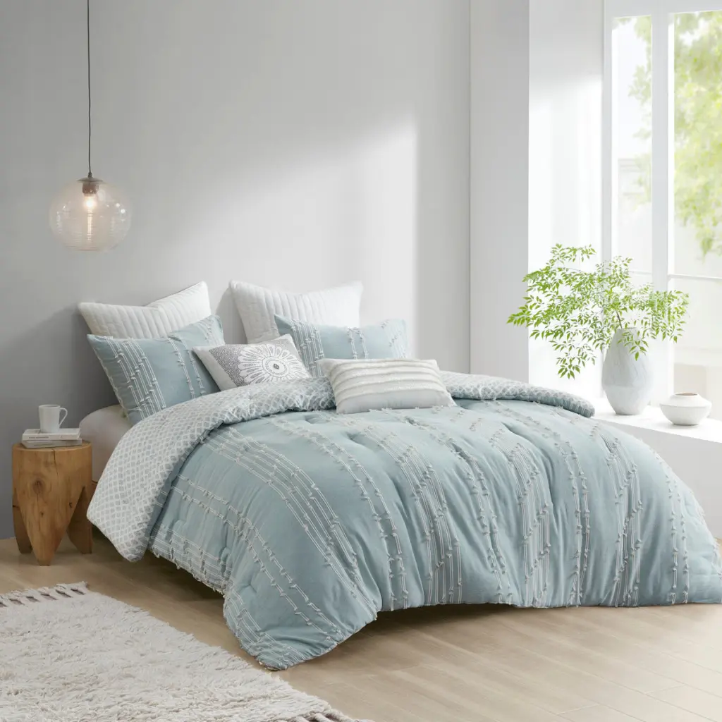3 Piece Cotton Jacquard Comforter Set Aqua King Cal King jla