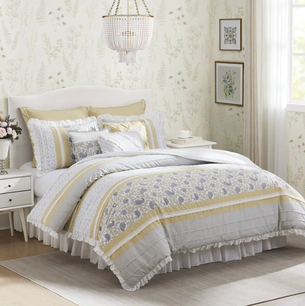 9 Piece Cotton Percale Comforter Set Yellow King Size Luxury Bedding Ensemble jla