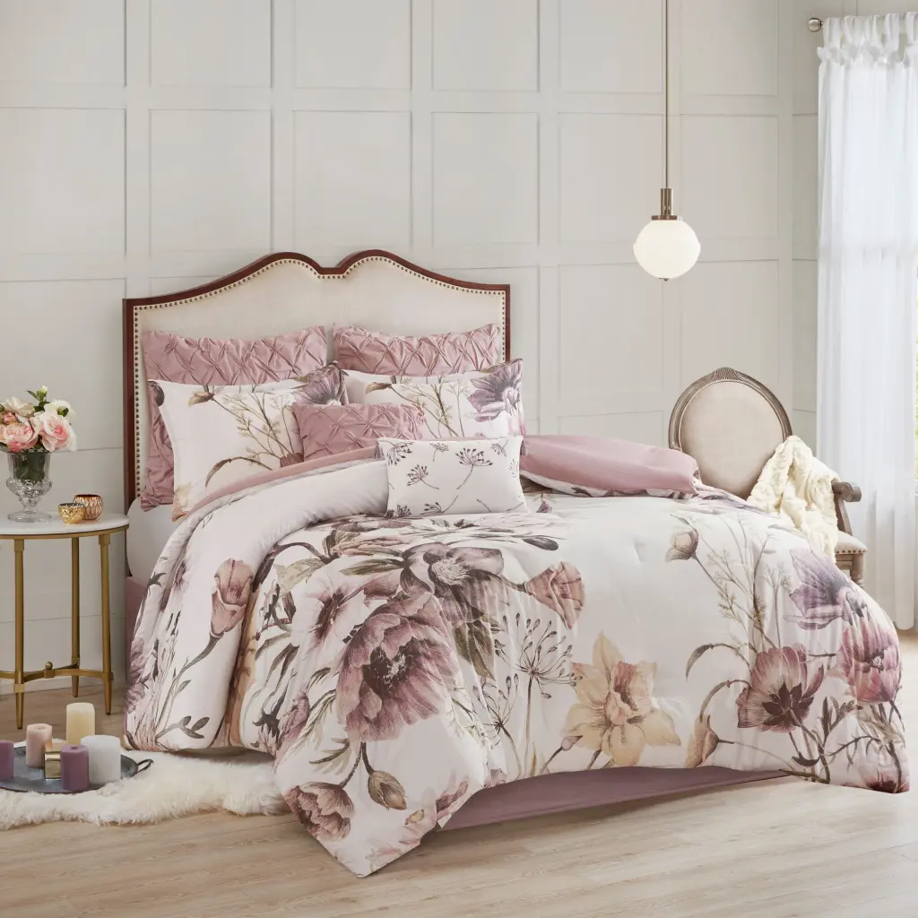 8 Piece Cotton Printed Comforter Set Blush California King Size Soft Breathable Bedding jla