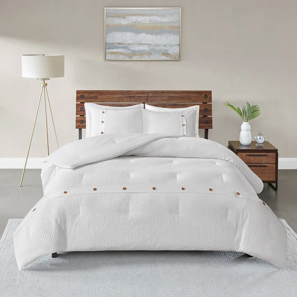 3 Piece Cotton Waffle Weave Comforter Set White Full Queen Size jla