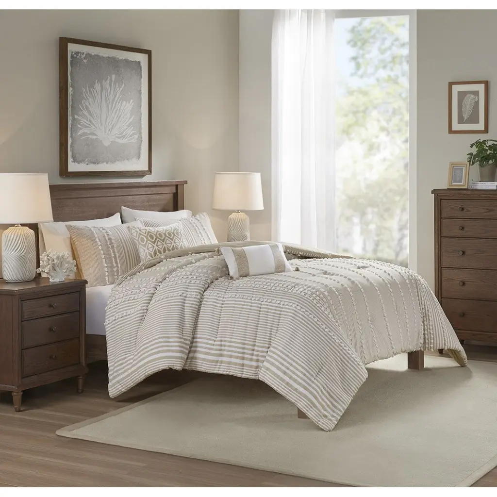 3 Piece Cotton Yarn Dyed Comforter Set Taupe Cotton King Size Bedding jla