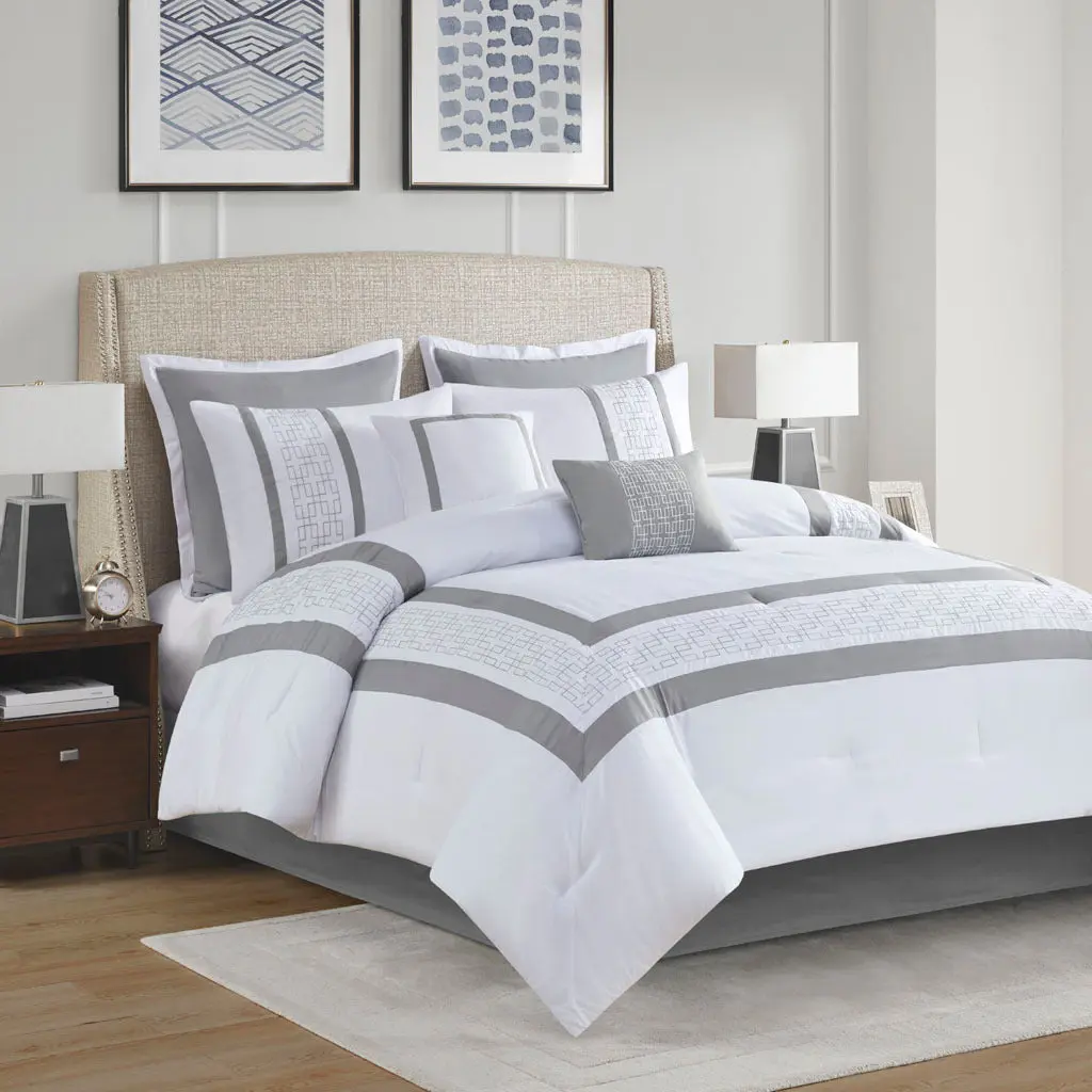8 Piece Embroidered Comforter Set White Polyester Bedding Collection jla