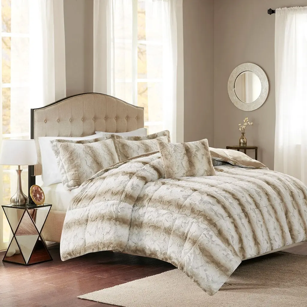 4 Piece Faux Fur Comforter Set Queen Size Sand Polyester Bedding jla
