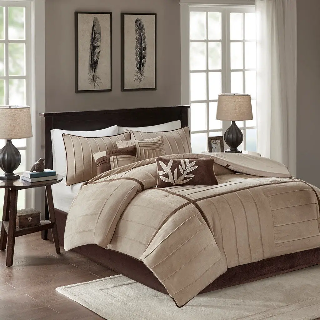 7 Piece Faux Suede Comforter Set Beige Cal King California King Size jla