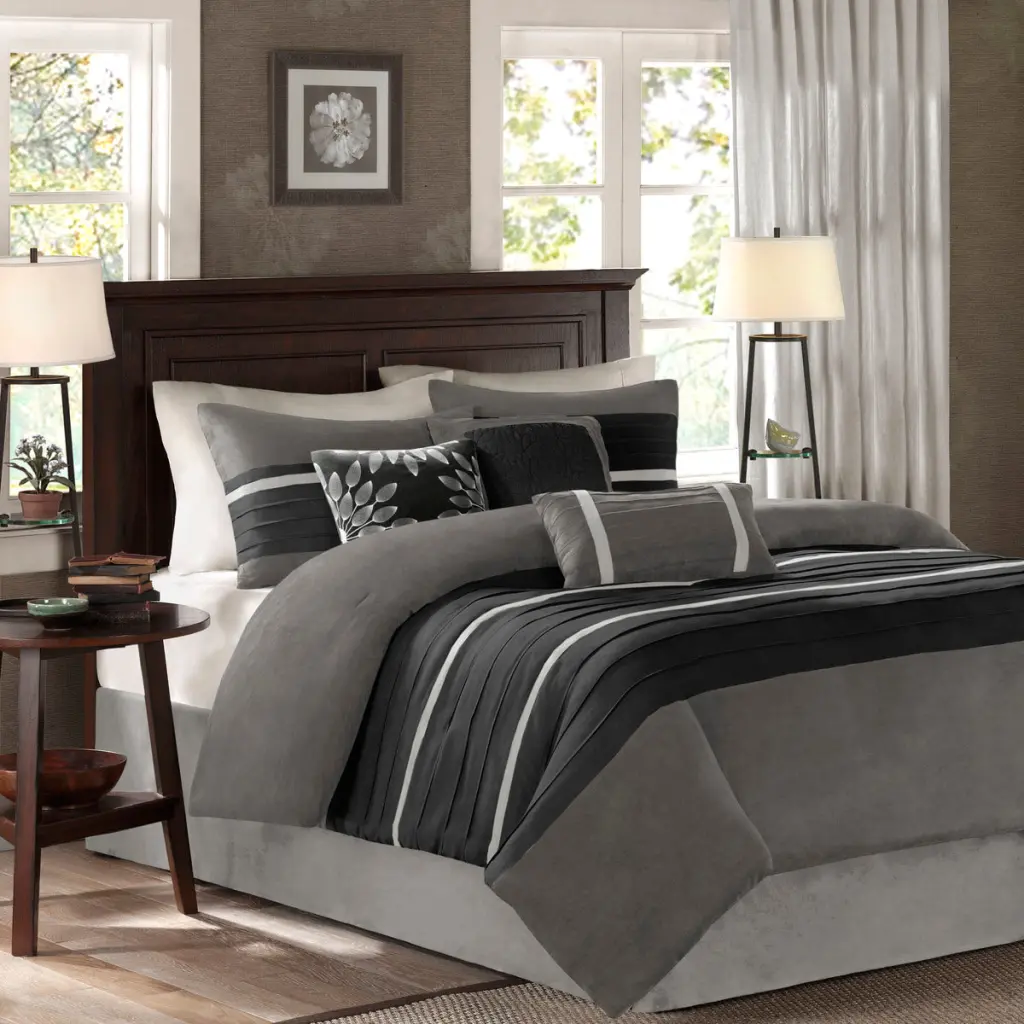 7 Piece Faux Suede Comforter Set Black King Size Polyester Bedding jla