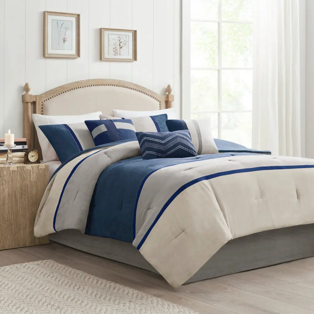 7 Piece Faux Suede Comforter Set Blue Queen Size Polyester jla