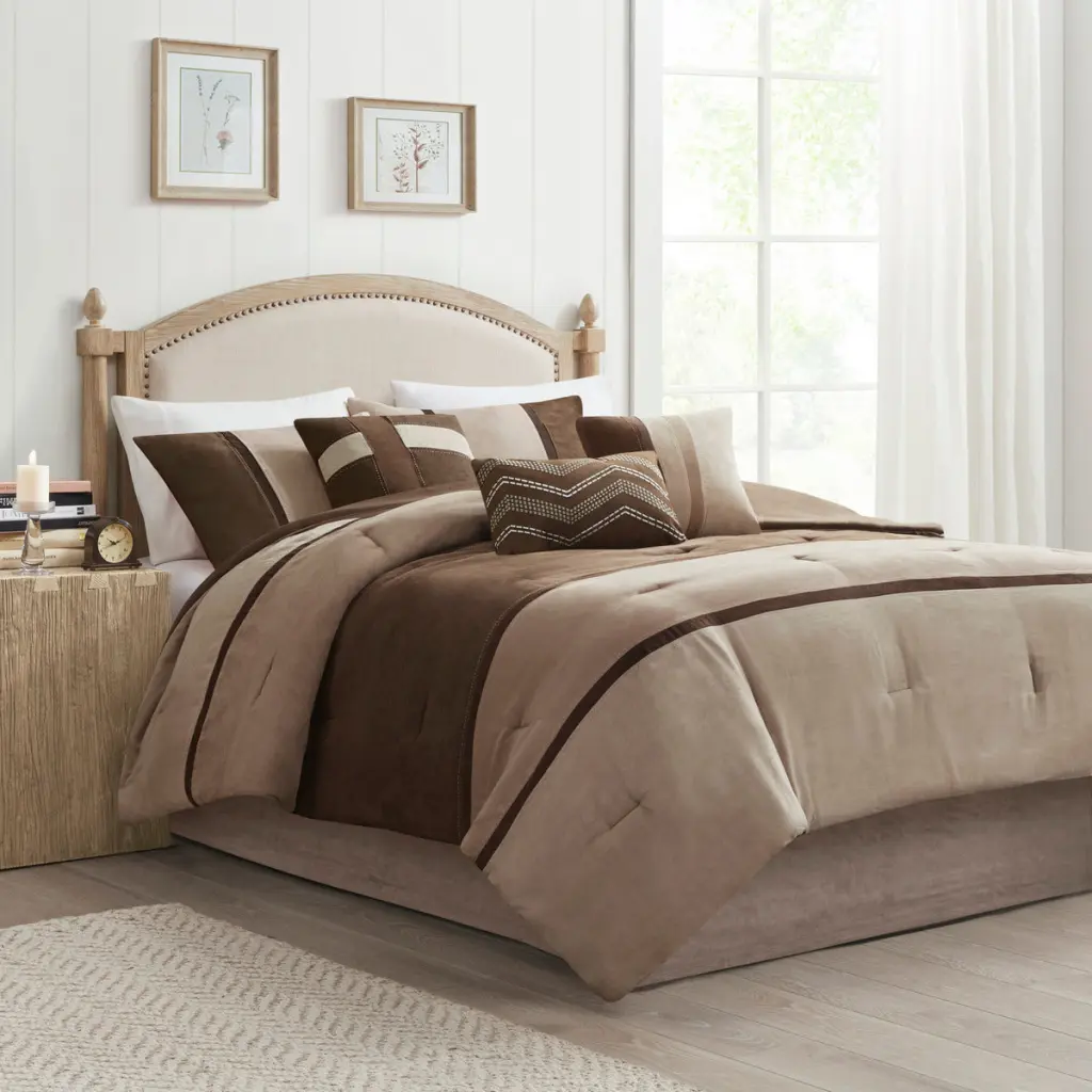 7 Piece Faux Suede Comforter Set Brown Queen Size Soft Luxurious Bedding Collection jla
