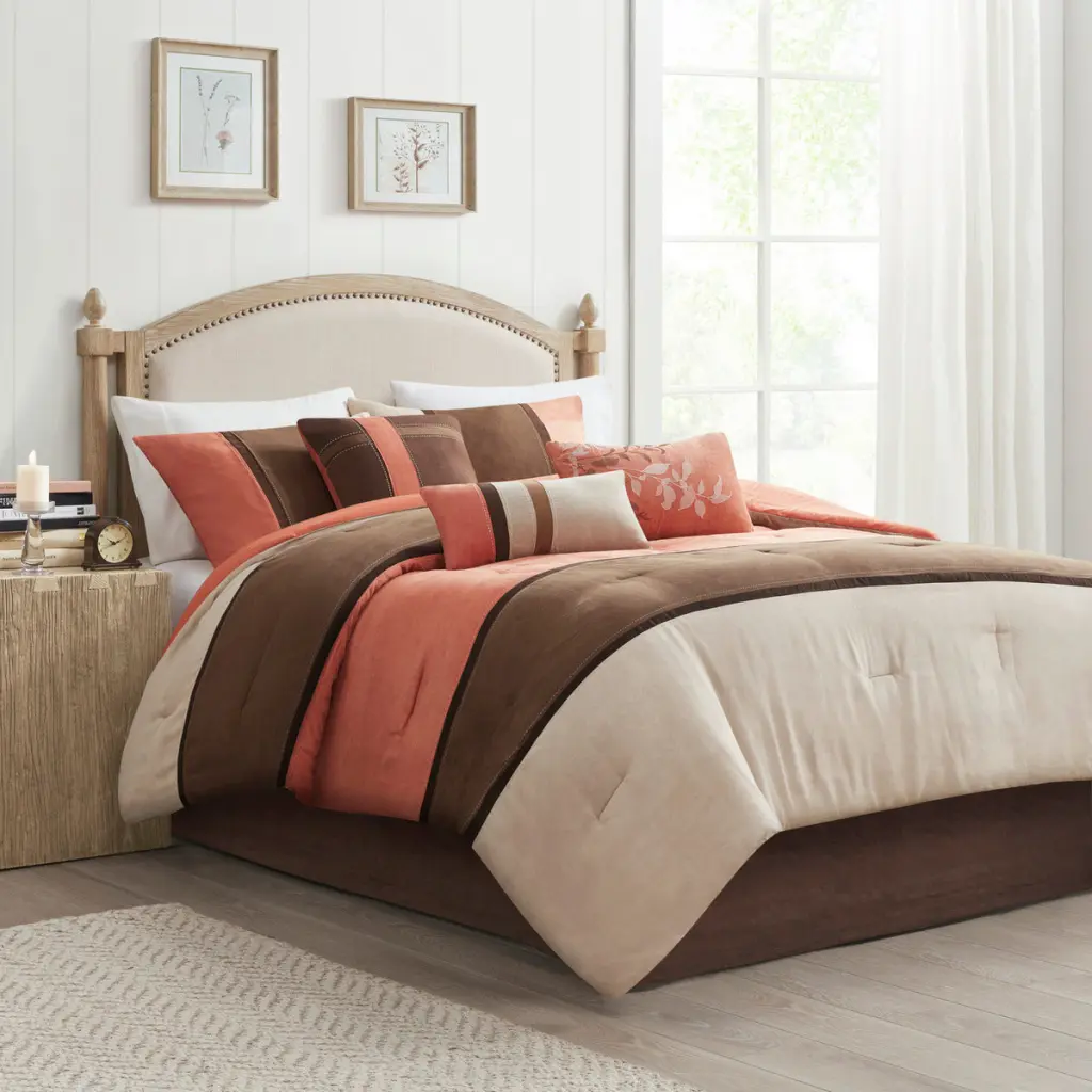 7 Piece Faux Suede Comforter Set Coral Queen Size Polyester Bedding jla