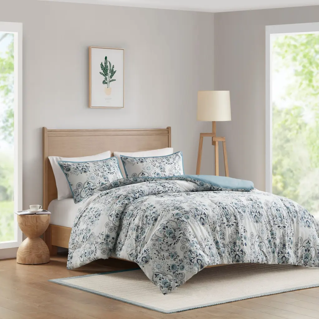 3 Piece Floral Printed Cotton Comforter Set Blue King Size Cal King Bedding jla