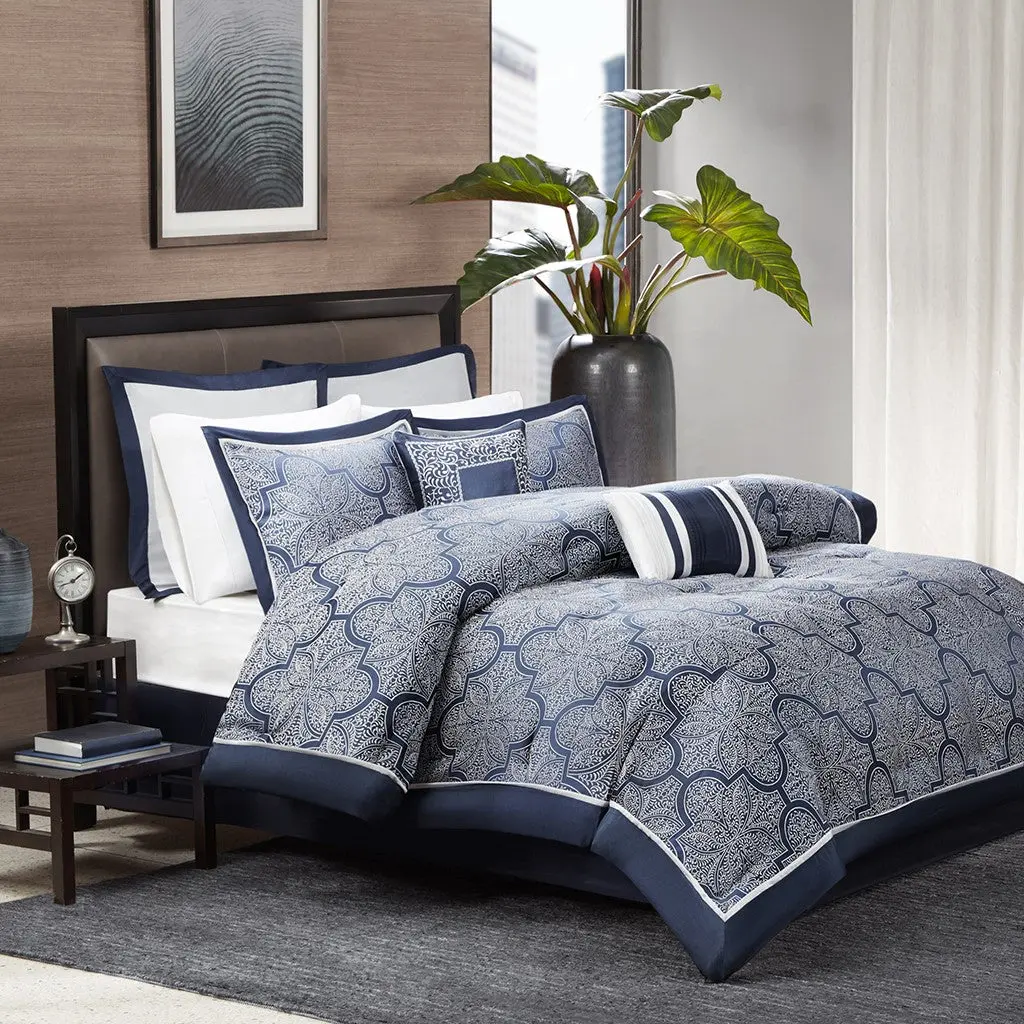 8 Piece Jacquard Comforter Set Navy California King Size jla