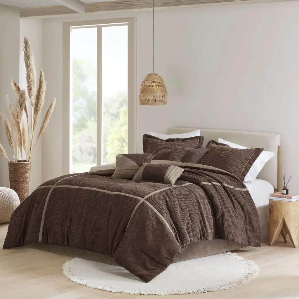 7 Piece Micro Corduroy Comforter Set Brown King Size Polyester Bedding jla