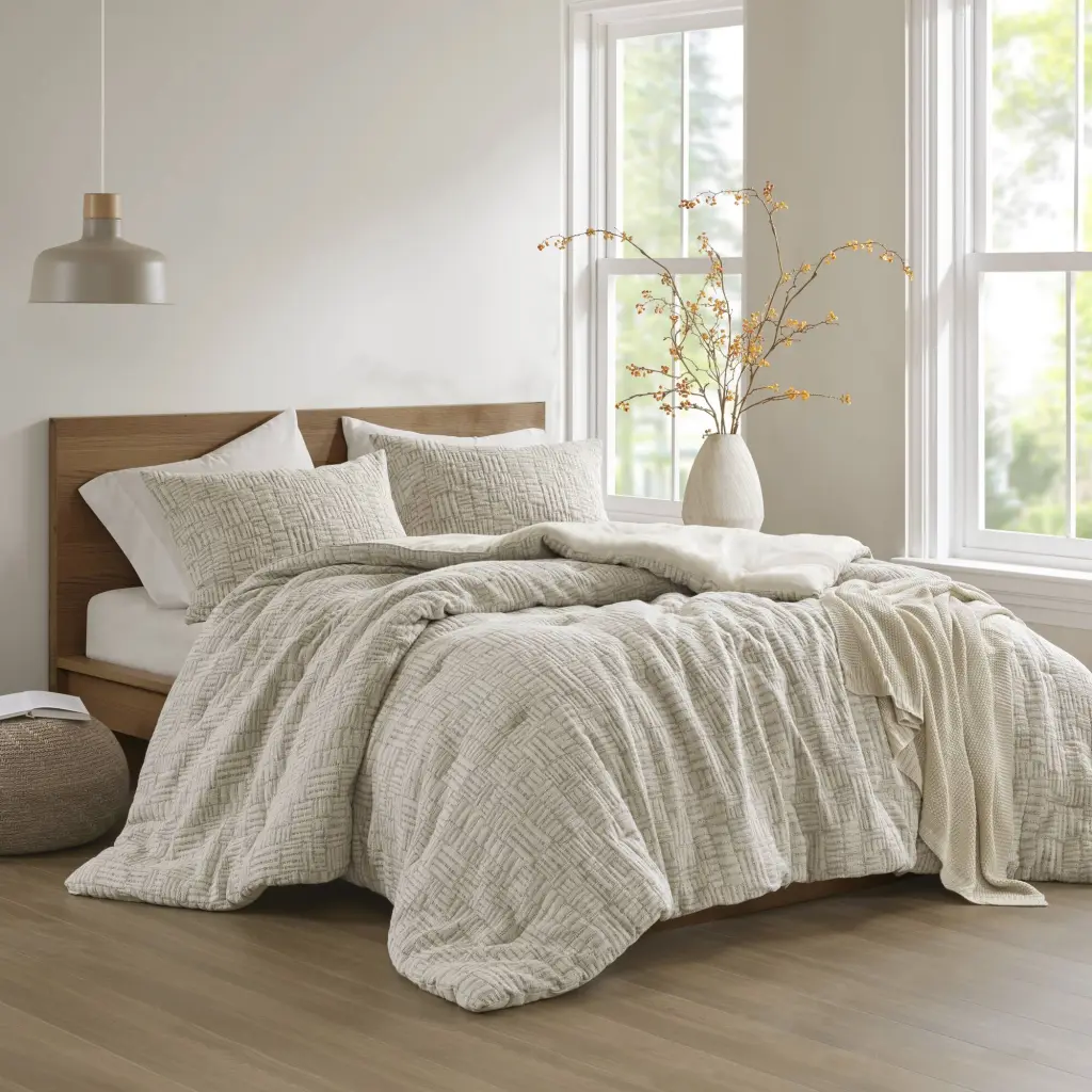 3 Piece Oversized Cotton Matelasse Comforter Set Full Queen Beige jla