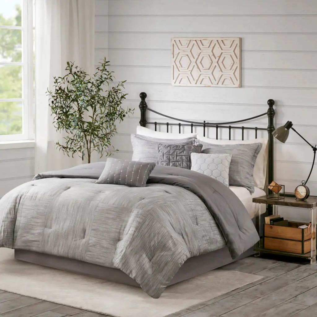 7 Piece Printed Seersucker Comforter Set Grey Queen Size Wrinkle-Resistant Bedding Collection jla