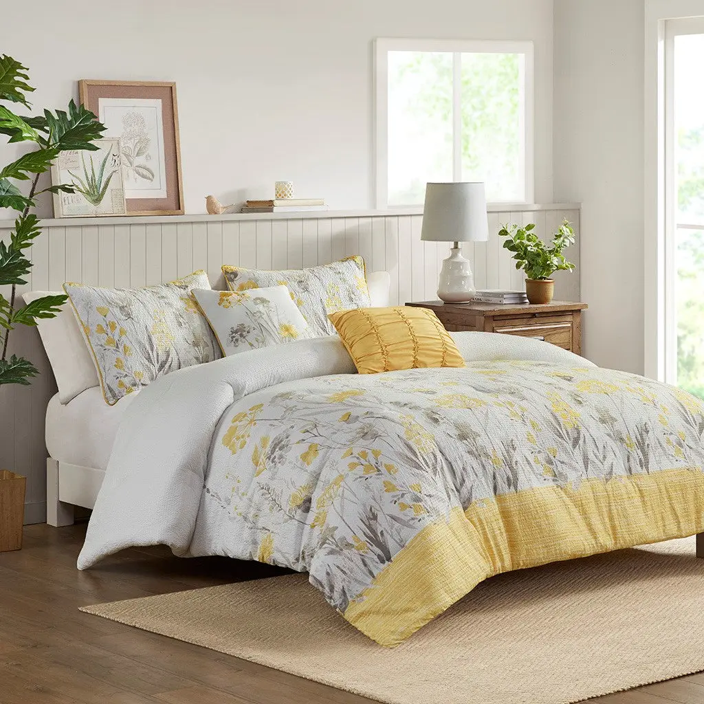 5 Piece Seersucker Comforter Set Throw Pillows Yellow Full Queen Bedding jla