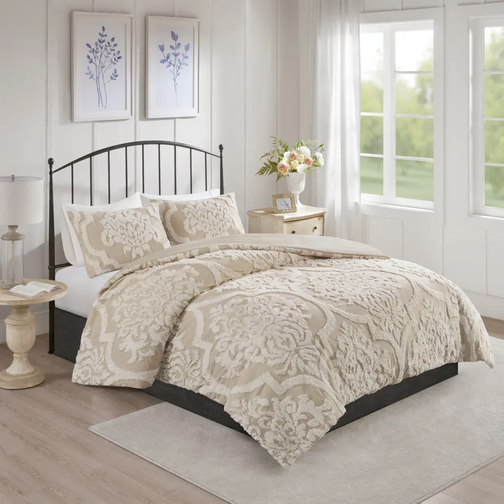 3 Piece Tufted Cotton Chenille Comforter Set Taupe King Cal King jla