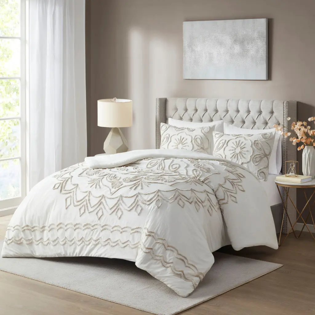 3 Piece Tufted Cotton Chenille Comforter Set Ivory Taupe King Cal King jla