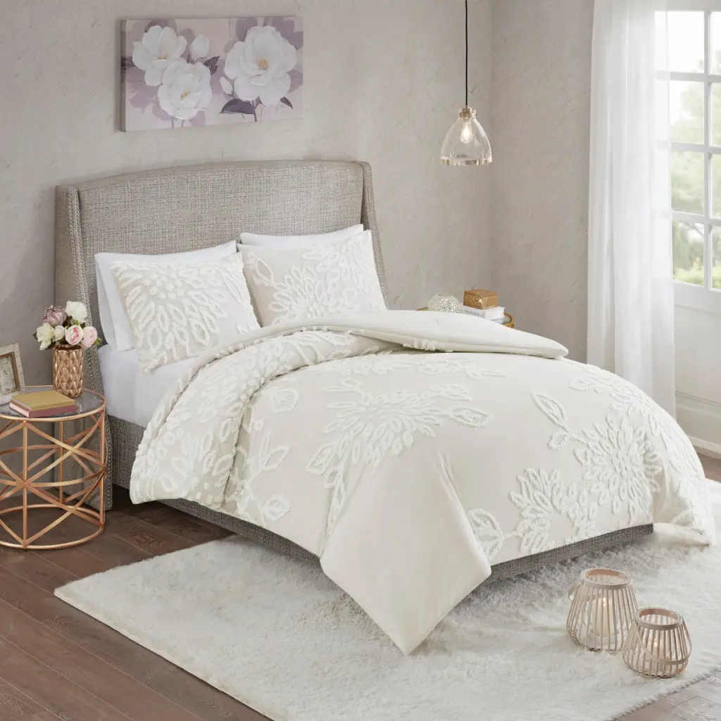 3 Piece Tufted Cotton Chenille Floral Comforter Set Off White Full Queen jla
