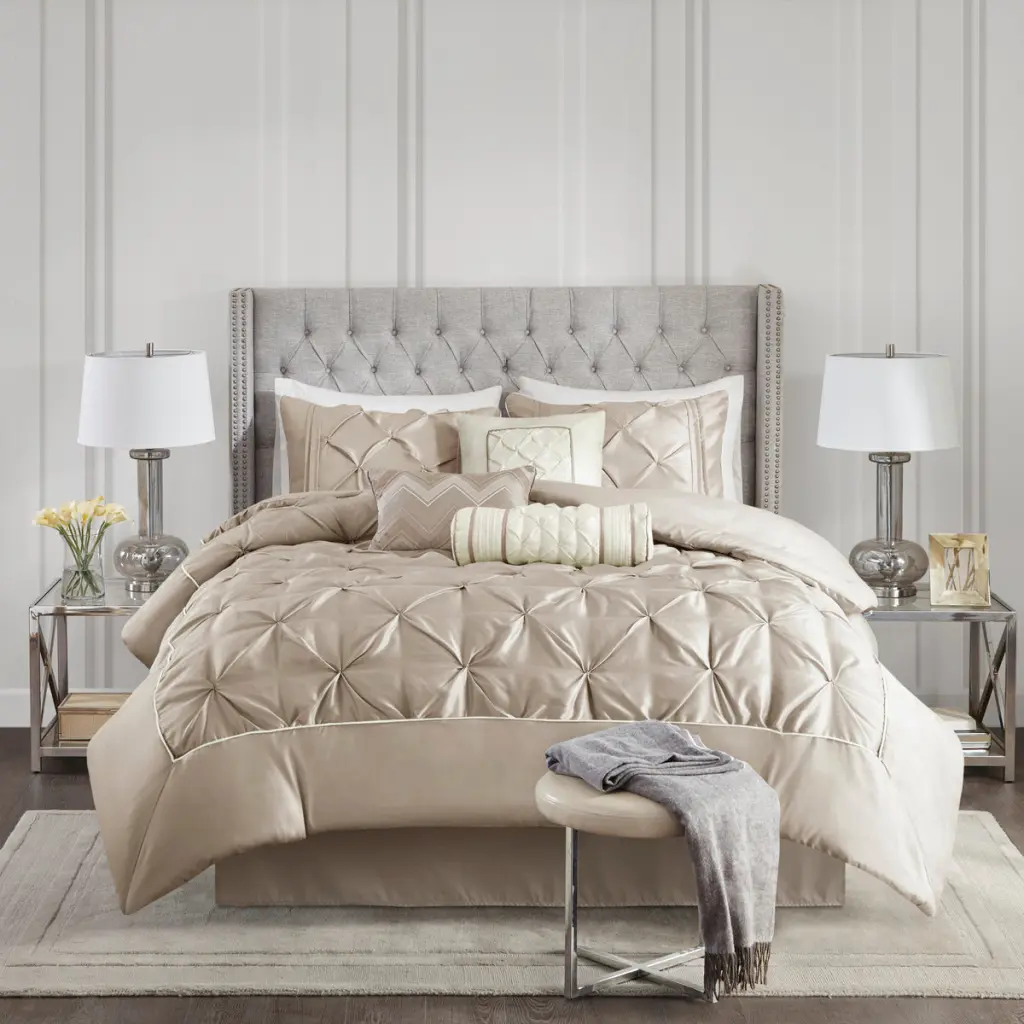 7 Piece Tufted Easeer Set Taupe California King Size Polyester Bedding jla