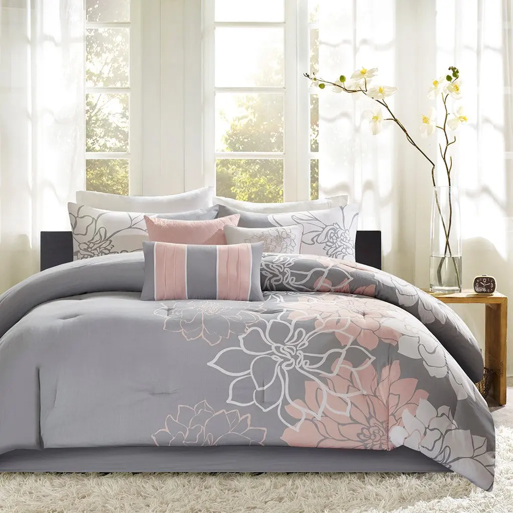 Printed Cotton Sateen Comforter Set Grey Peach Cal King California King jla