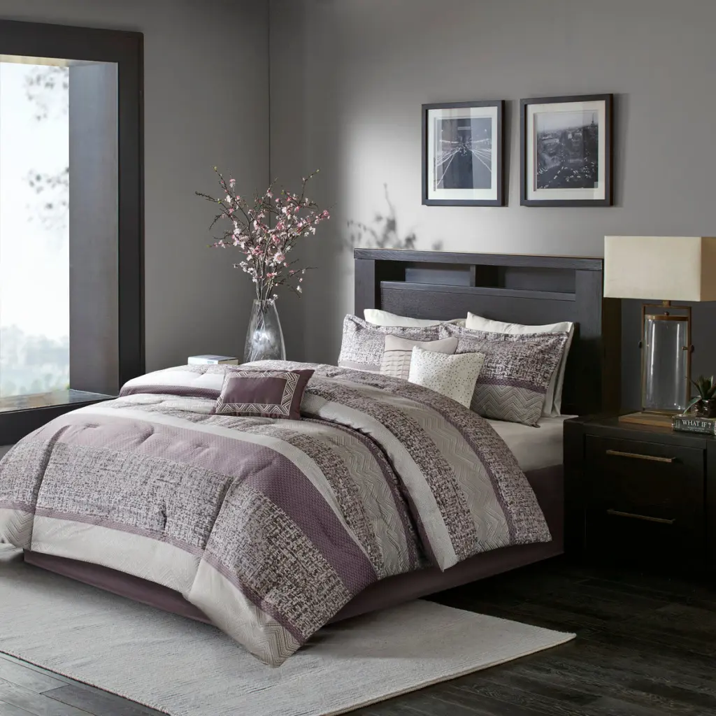 Purple Jacquard 7 Piece Comforter Set Queen Size Polyester Bedding jla