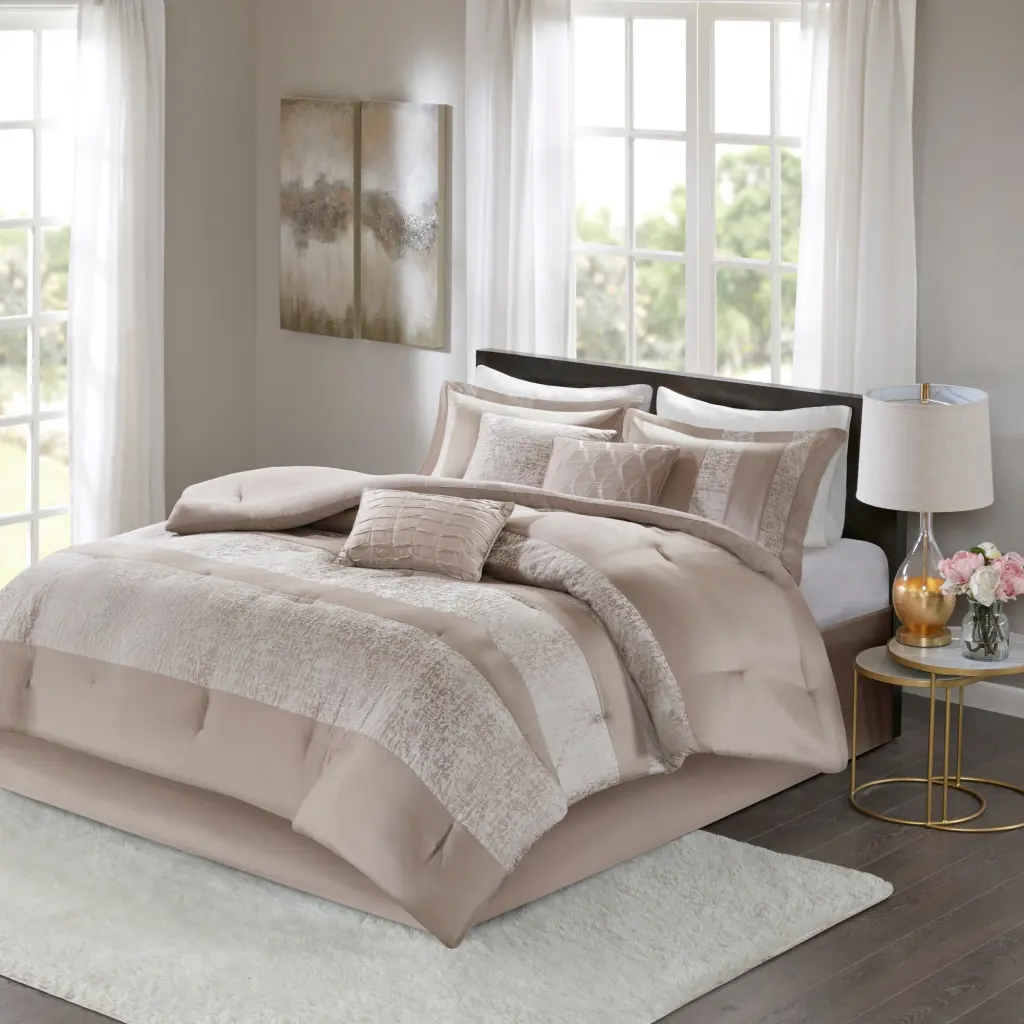 Taupe 7 Piece Chenille Jacquard Comforter Set Queen Size Multicolor jla