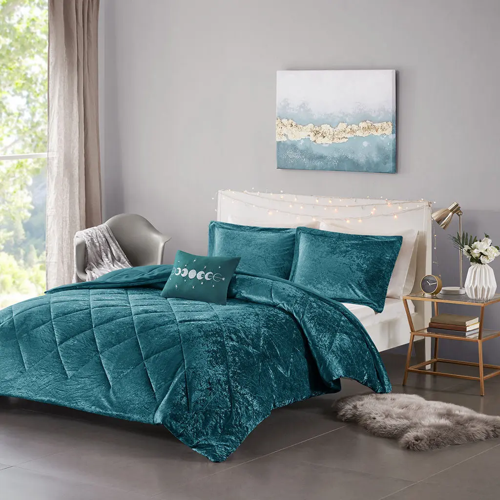 Velvet Comforter Set Full Size Teal Polyester Bedding Set Pillow Shams jla