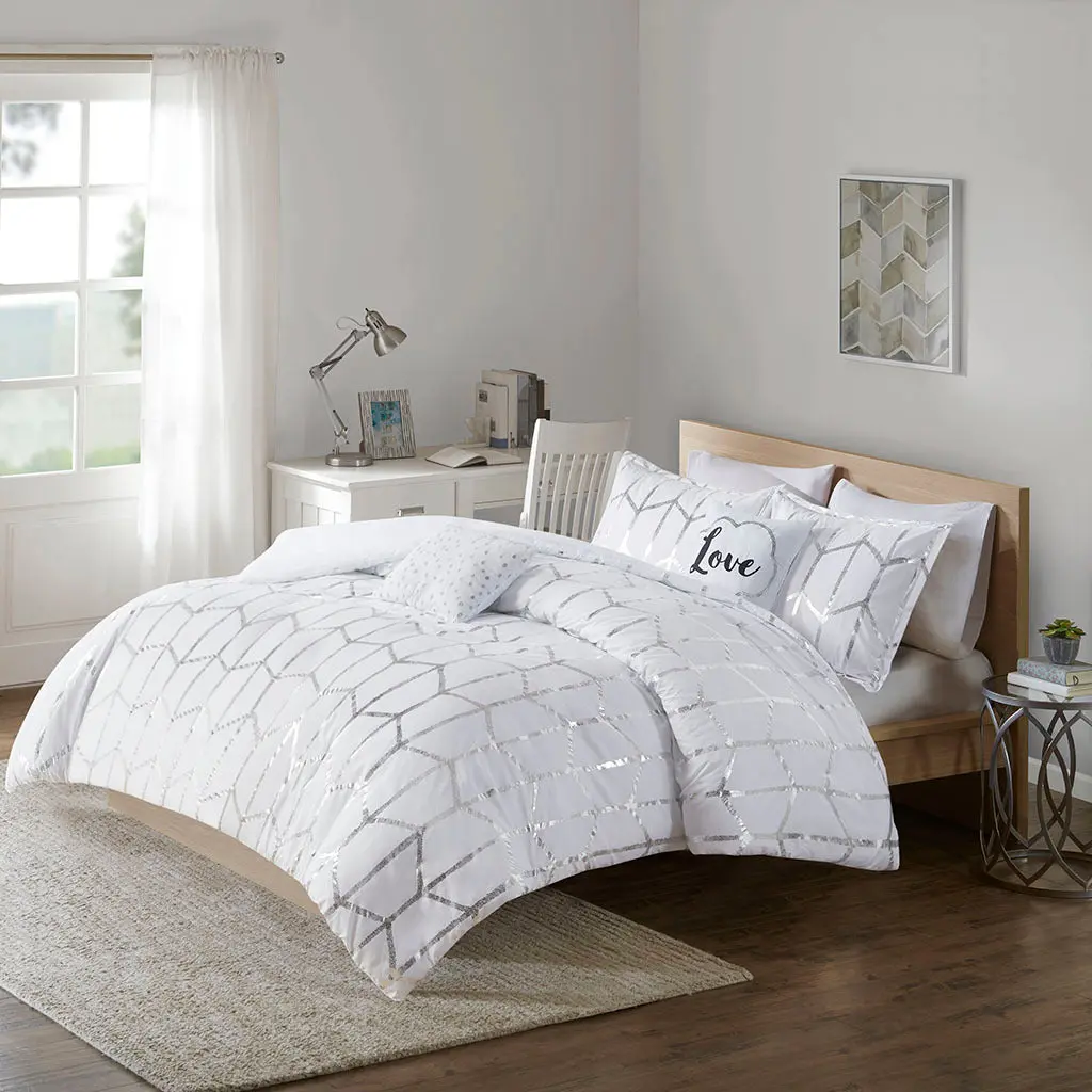 Metallic Printed Comforter Set Queen White Shiny Metal Polyester jla